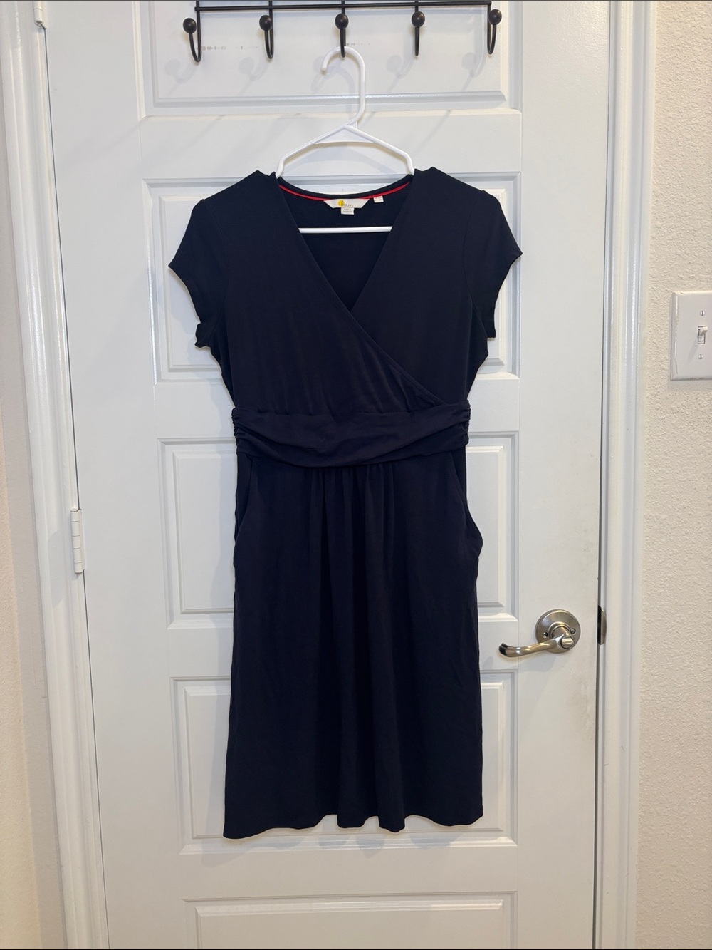 Boden Navy Blue Wrap Dress 6P Petite V Neck Ruched Waist Jersey Midi